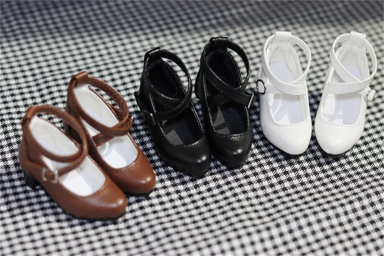 BJDドールシューズ 女の子 ポインテッドトゥ マットブラック ブラウン ホワイト レザー 小さい靴 クロスバックル おもちゃ 1/4 ハイヒール ドールアクセサリー