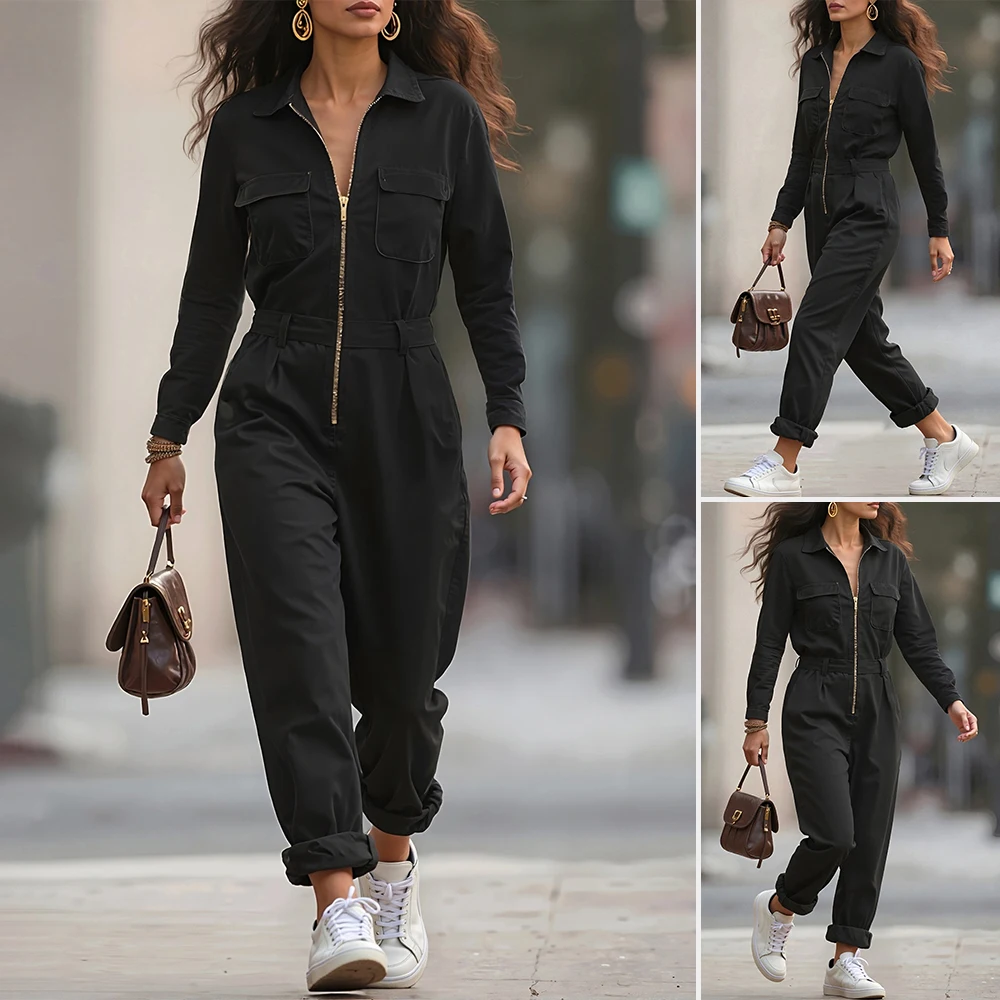 

Женский удобный повседневный однотонный комбинезон с v-образным вырезом и длинным рукавом, свободная длина, однотонная повседневная осенняя одежда