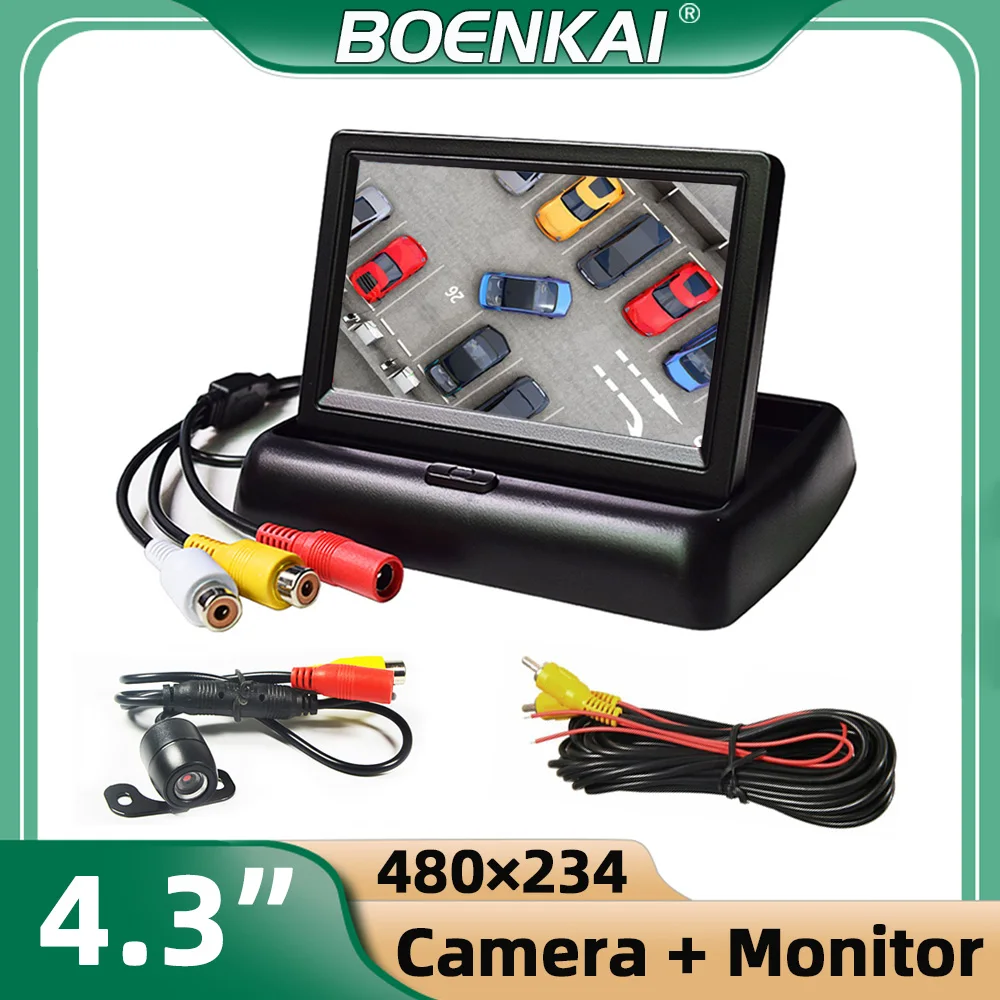 BOENKAI HD Rear View Camera With Monitor 4.3 Inch Car Foldable LCD Display 12-24V Truck Bus Two RCA Video Reverse Parking Aid