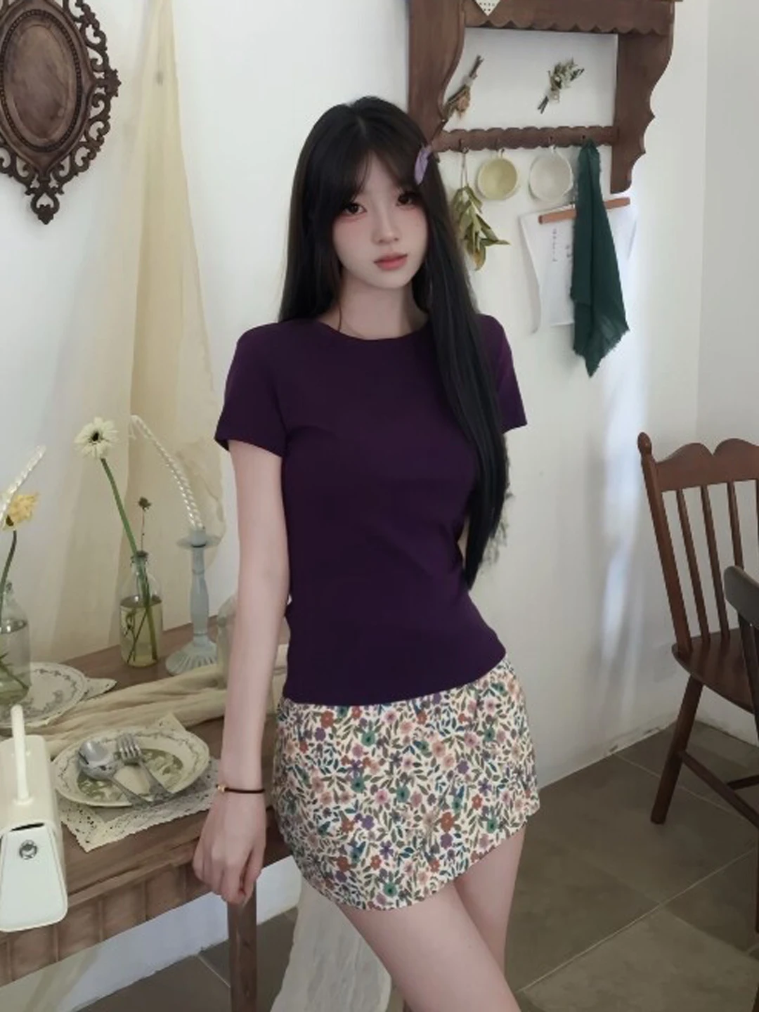 

Elegant Floral Print Two-Piece Set Short Skirt Comfortable Fit Summer Fashion Women's Ensemble High Waist round Neck T-Shirt