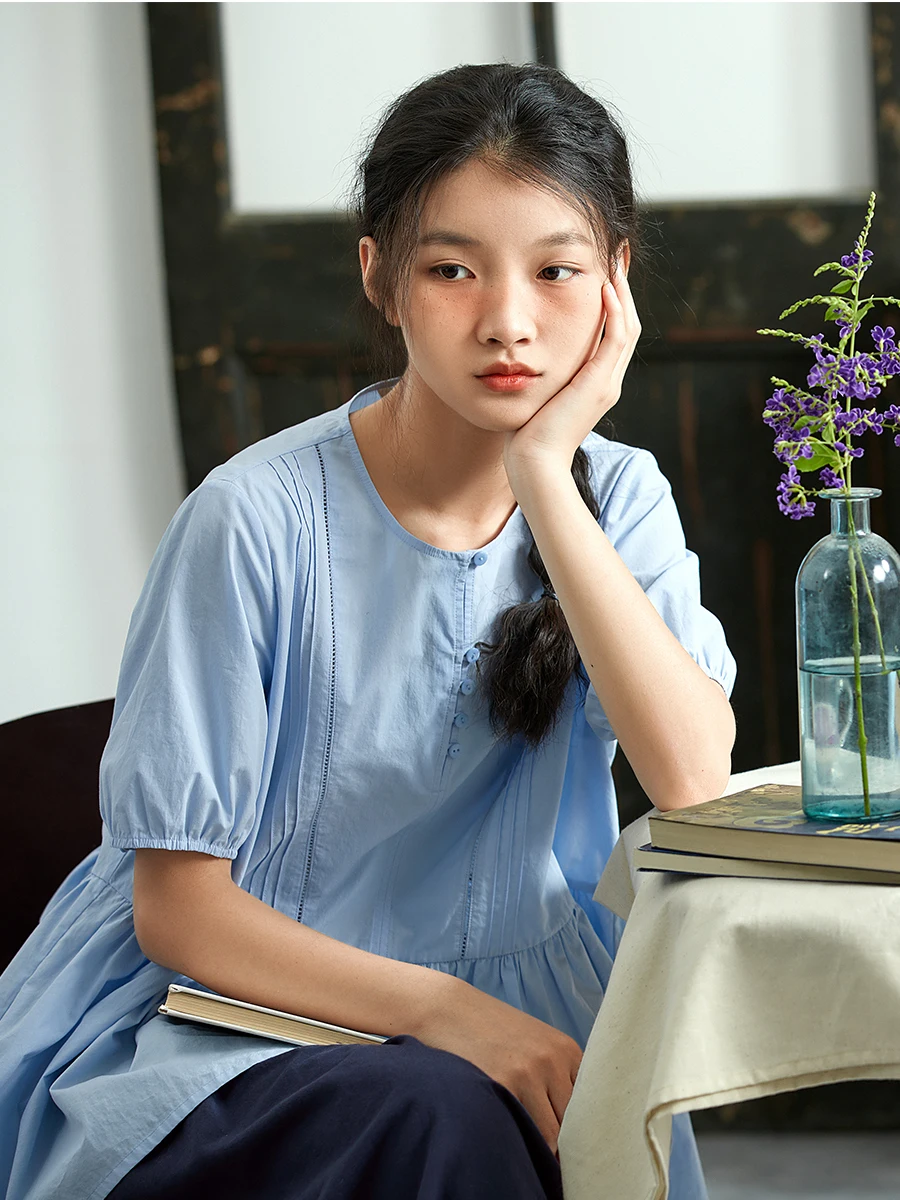 

Original Pure Cotton Blue Short Sleeve Shirt Women's Summer Thin Japanese Style Casual Loose Doll Collar Top Fashionable Vers...