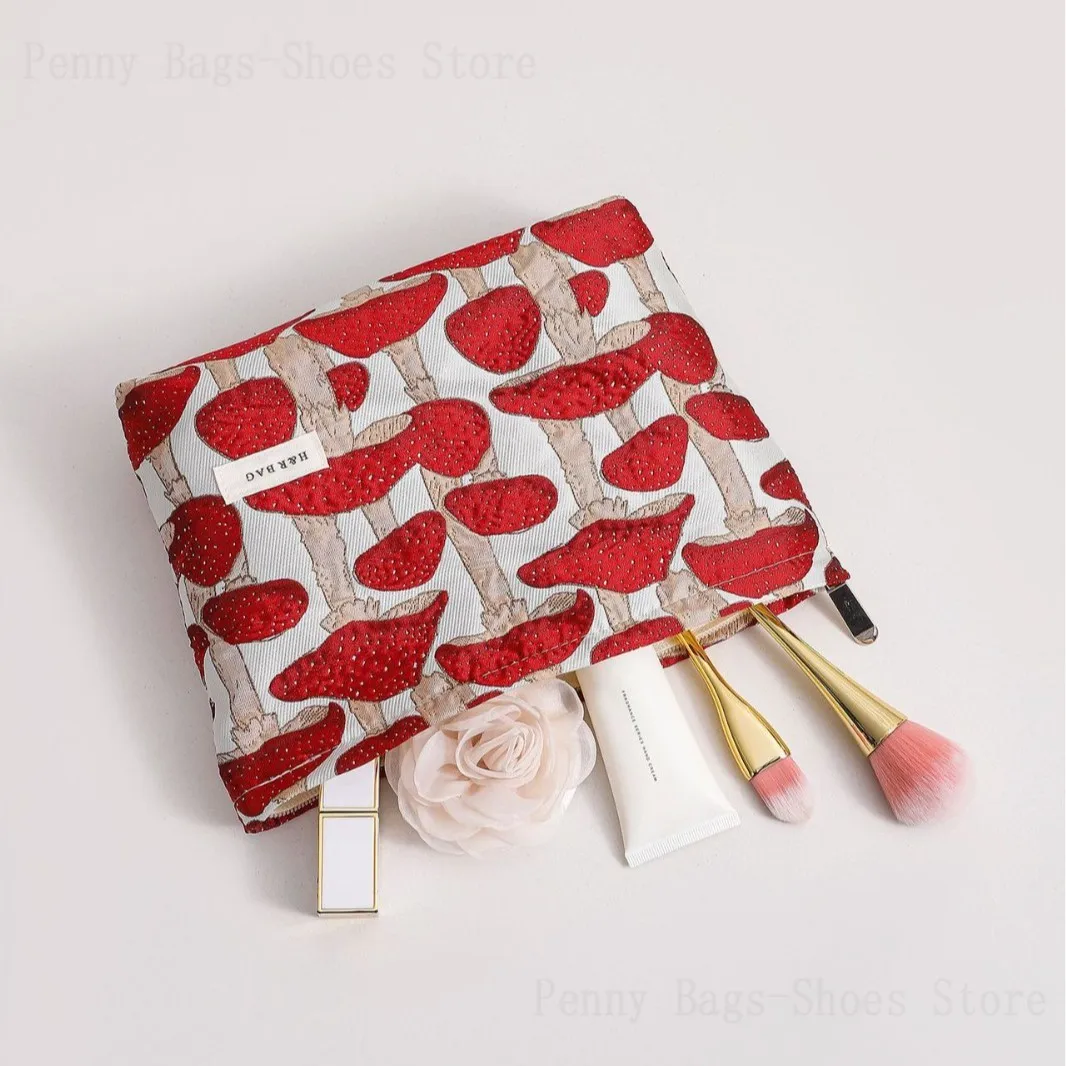 2025 New Retro Literary Mushroom Jacquard Fabric Cosmetic Bag Women’S Storage Zipper Square Bag Toiletries Bag
