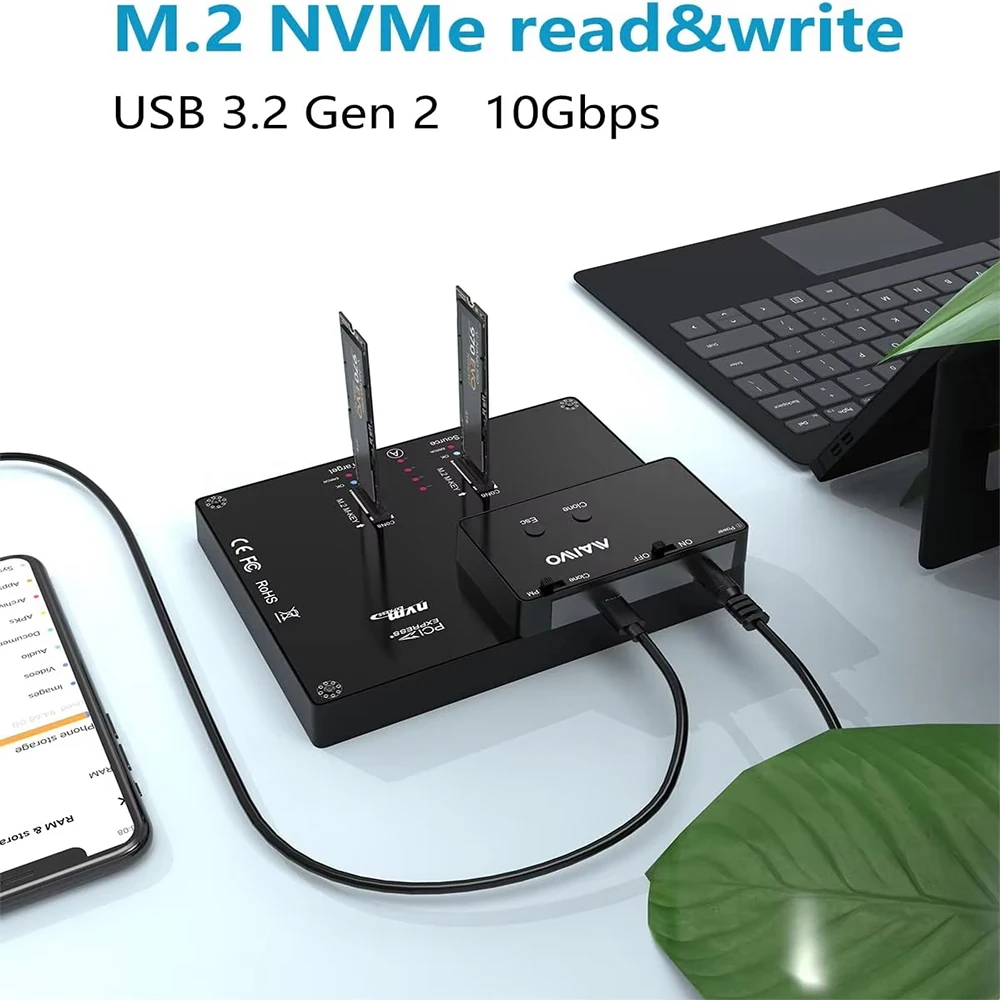 محطة إرساء MAIWO Dual-Bay M.2 NVME Type-C بسرعة 10 جيجابت في الثانية NVMe SSD مع استنساخ غير متصل ووظيفة نسخ النظام