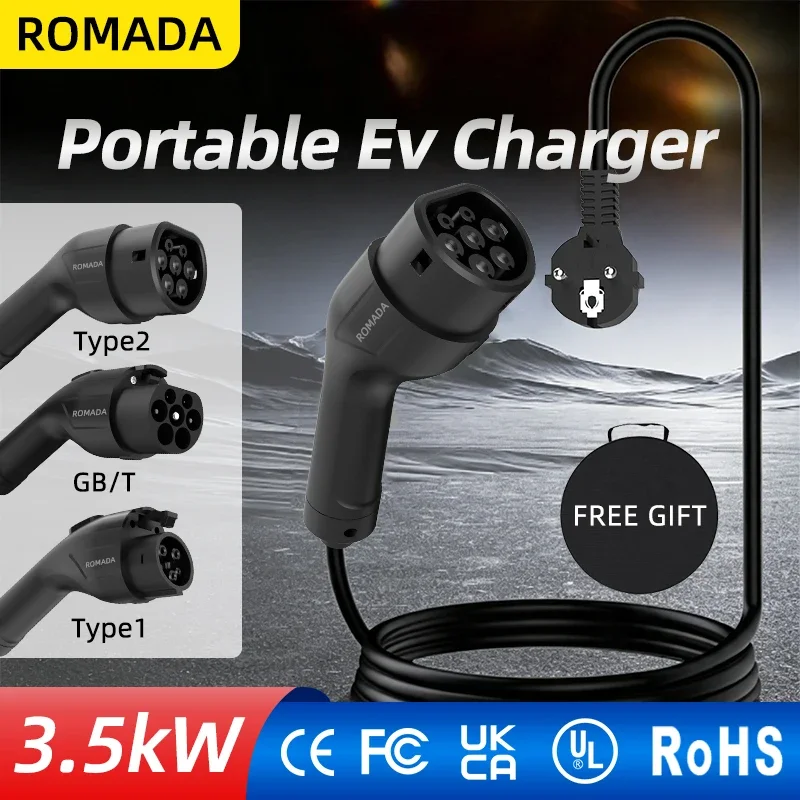 ROMADA 3.5KW 16A Type2 EV Charger Portable GBT20234 3M 5M 10M 15M 20M EU Plug for Electric Vehicle