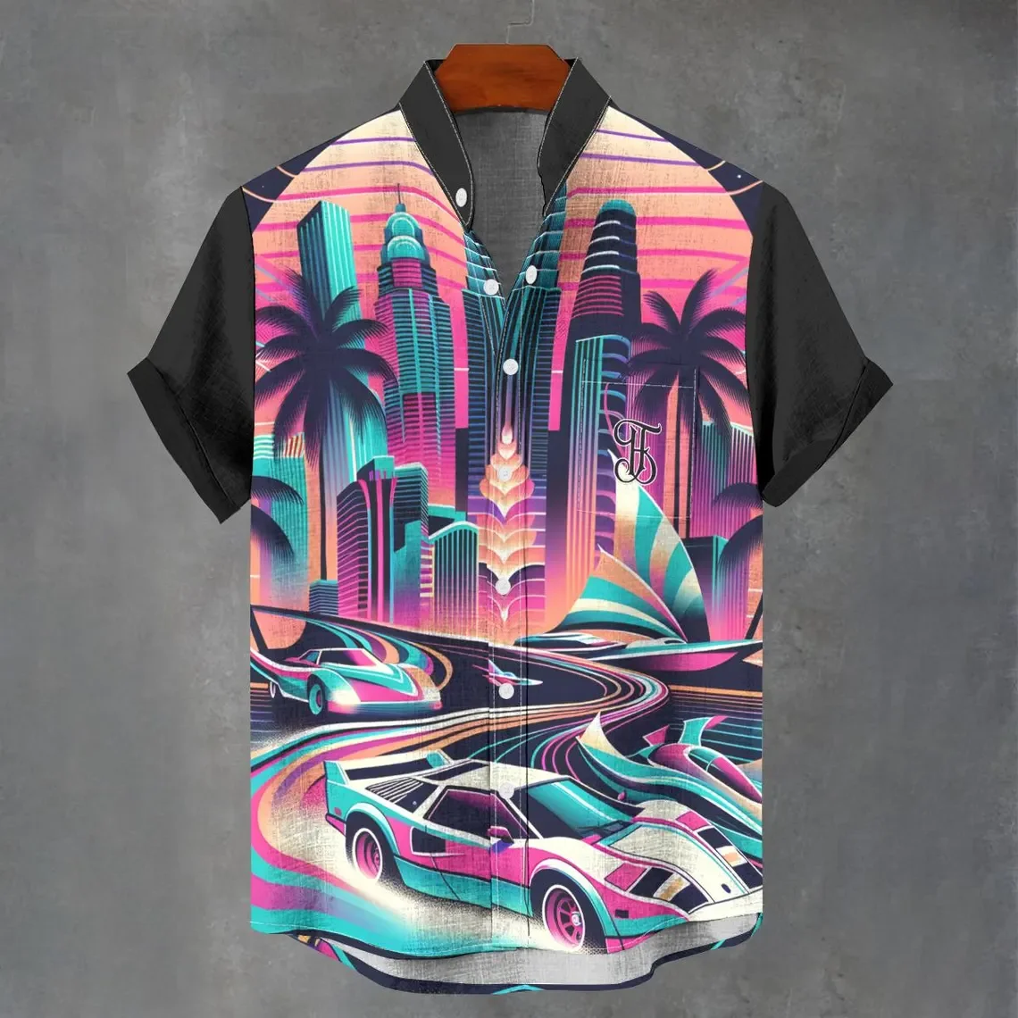 

2025 European and American new linen shirt high-end 3D printed stand up collar linen button shirt casual fashion style