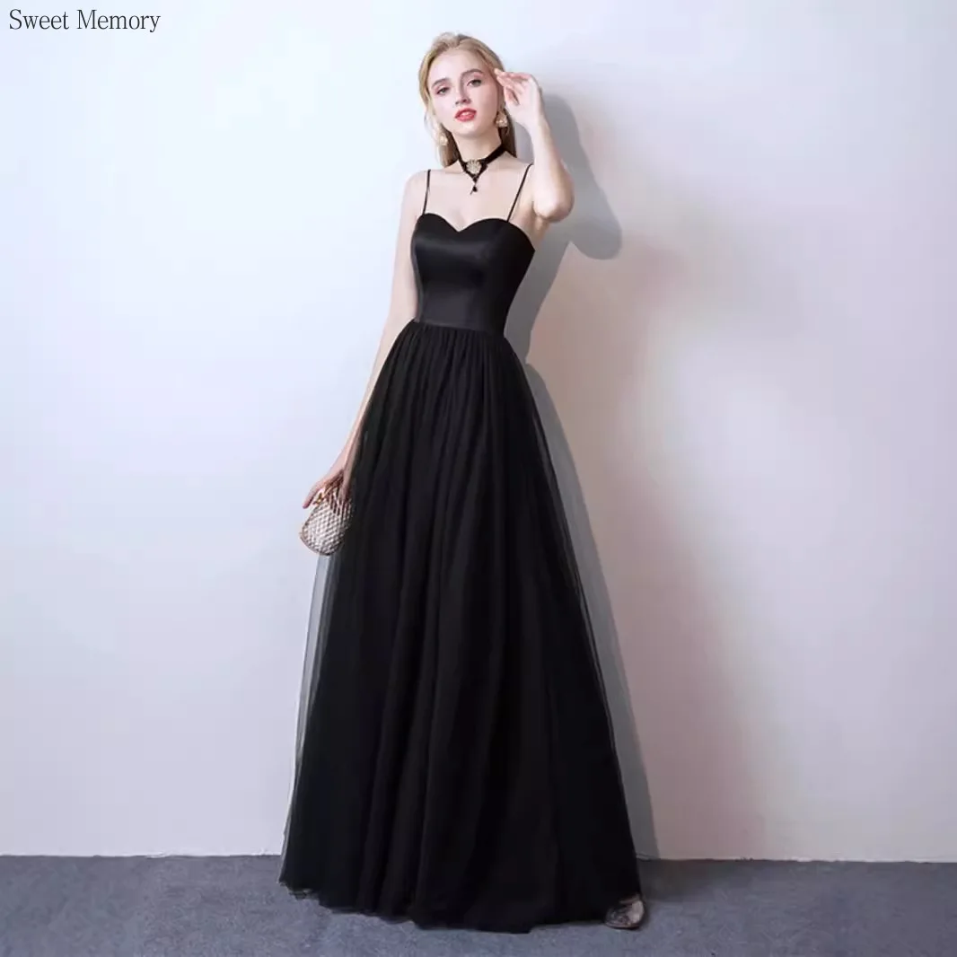 

A128 Girls Women Black Evening Dress Sweet Memory Sexy Spaghetti Strap Sleeveless Floor Length Mesh Tulle Cocktail Party Dress