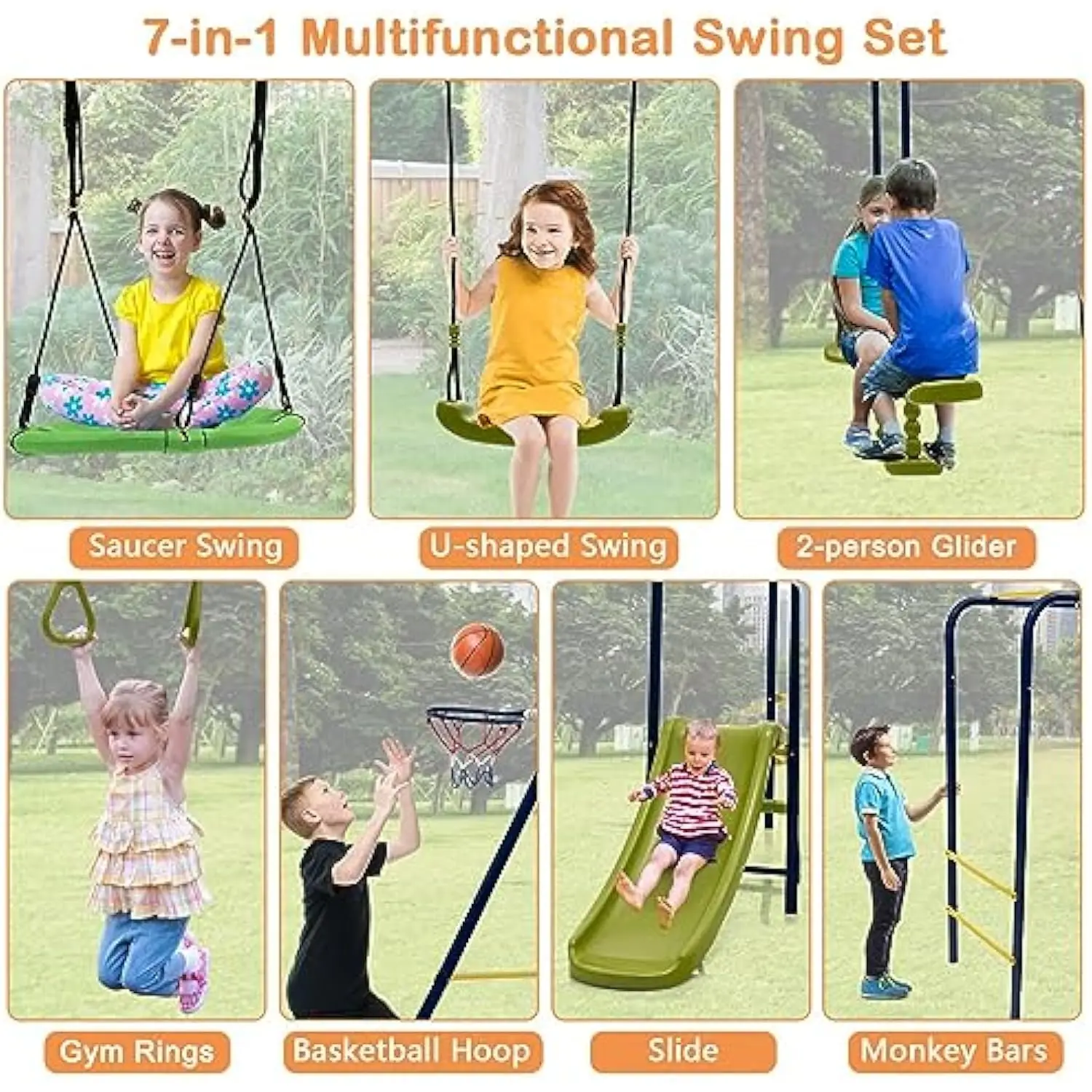 HONEY JOY Swing Set, 660lbs 7-in-1 Heavy Duty Swingset Outdoor for Kids w/A-Frame Metal Swing Stand, 2 Swings, Glider, Gym Rings