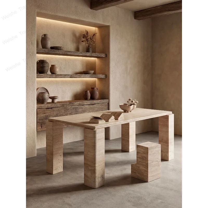 

Средневековый обеденный/журнальный стол из натурального травертина в стиле ваби-саби, для гостиной, для небольшой квартиры, легкий люкс, высококачественный.