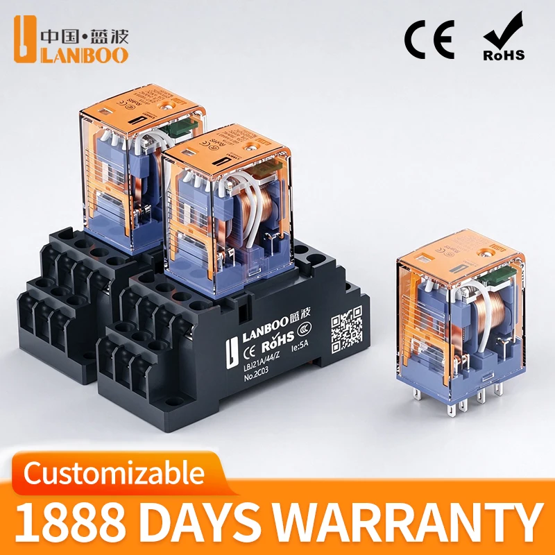 LANBOO 10 Sets Per Box,LBJ21A Intermediate Relay With Socket Base, 2NO2NC/4NO4NC DC12V/DC24V AC220V