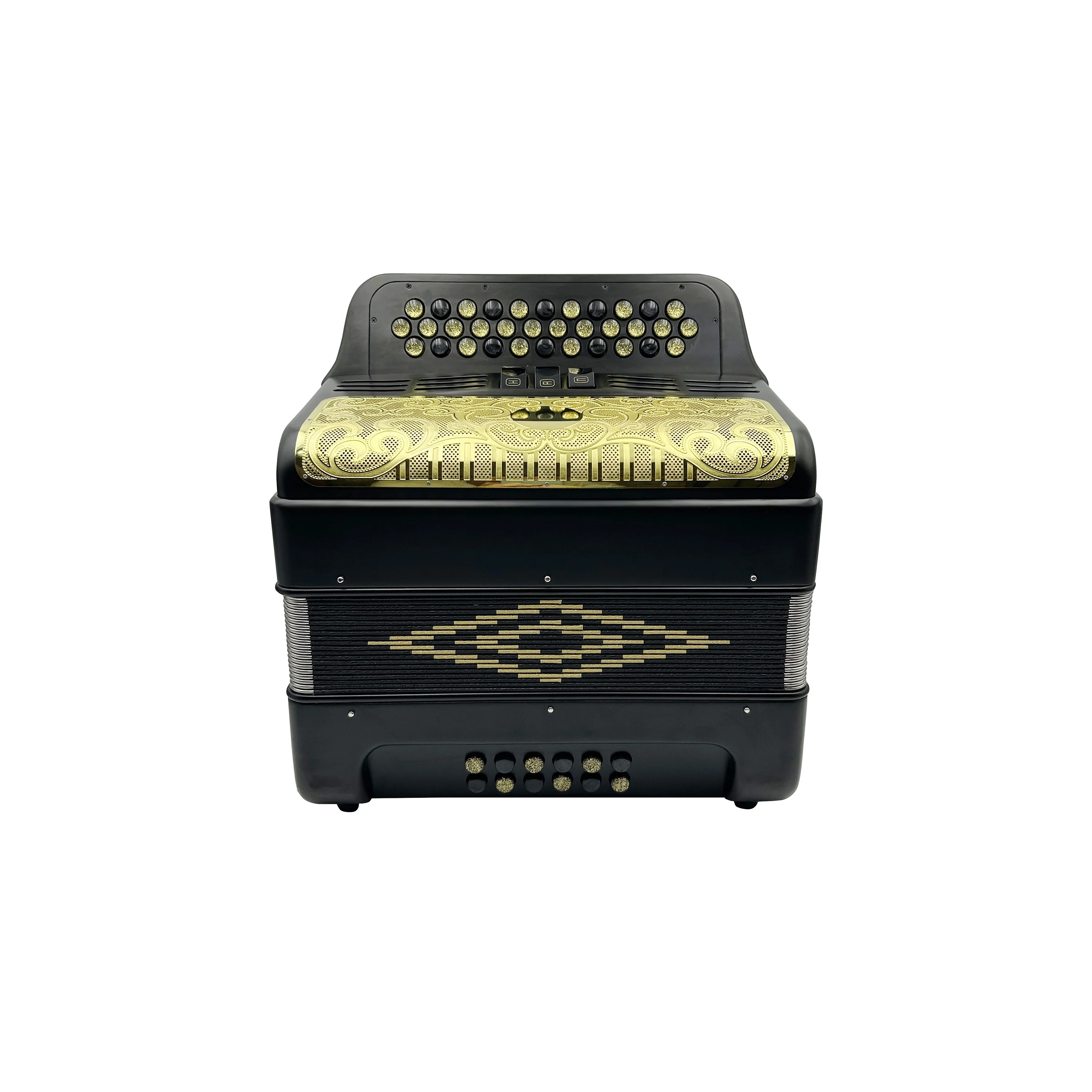 Professional 12 Bass 34 Button Accordion Instrument Gold Grill Black&Gold Buttons Black Matt Diatonic