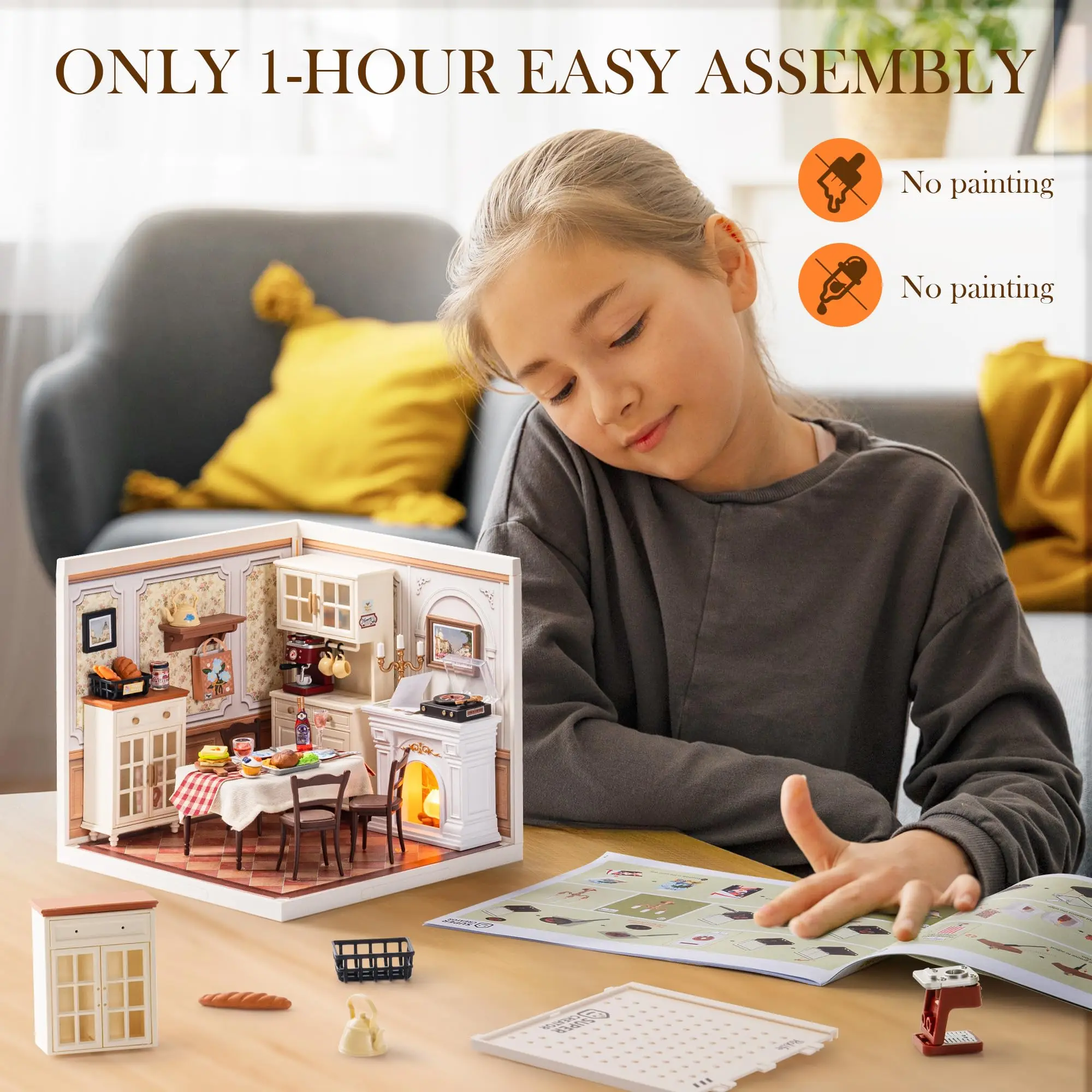 ROBOTIME Kit artigianale per casa in miniatura fai-da-te, kit di costruzione di modello di casa delle bambole Regali creativi di compleanno per adulti, bambini (sala da pranzo calda)