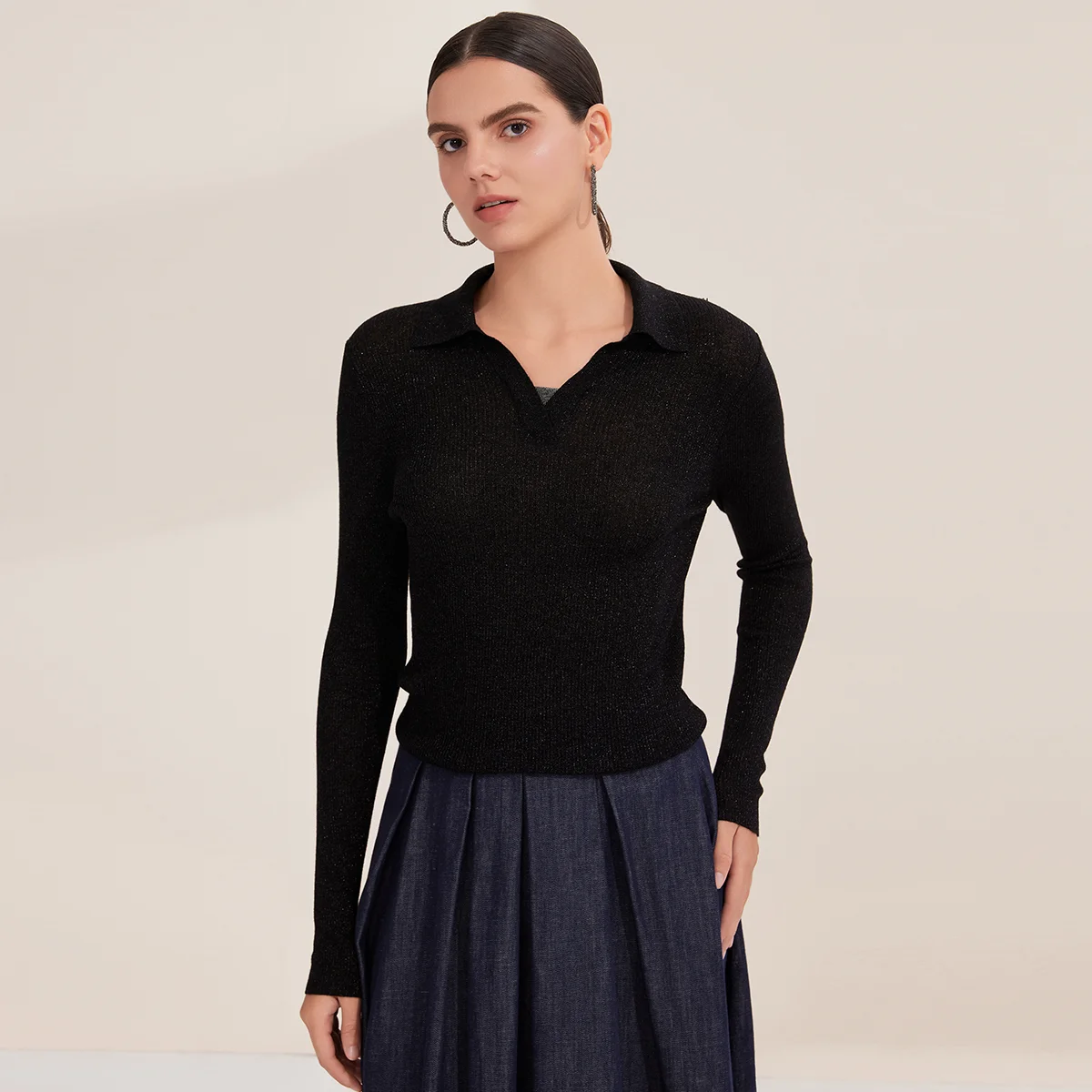 

BD3521247 Women's High-End Wool Knit Top Elegant Collared Lightweight Long Sleeve Pullover Sweater Wool Blend