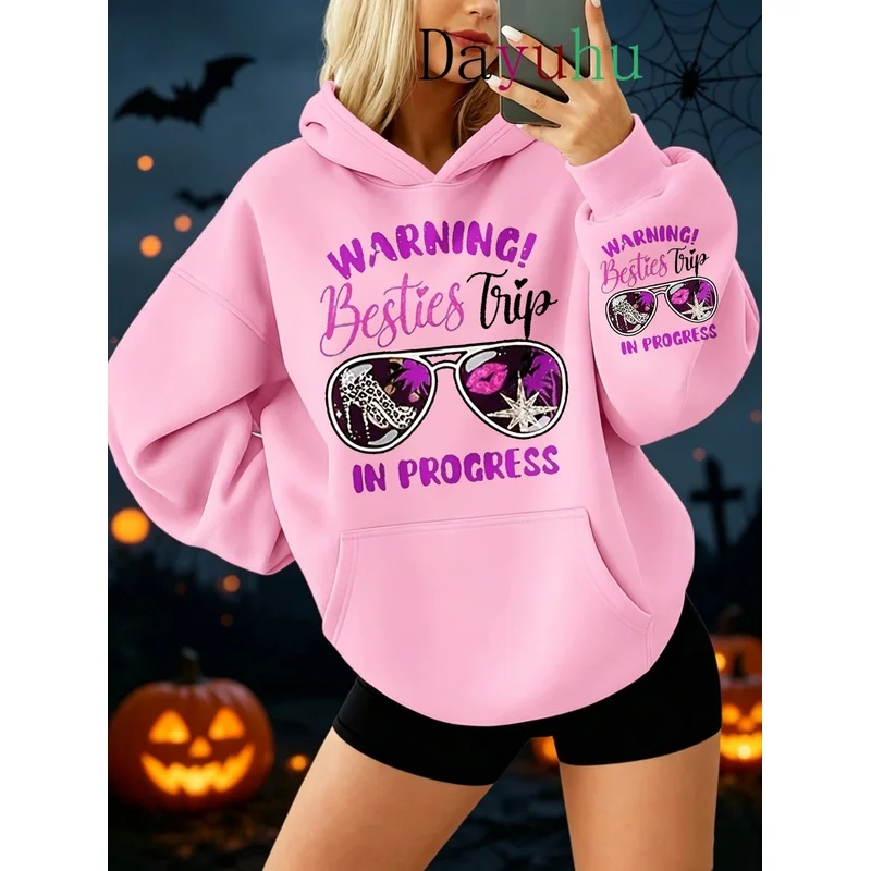 Sweat à capuche streetwear oversize, motif d'avertissement d'Halloween, Besties, voyage en cours, lunettes de soleil, vêtements d'intérieur automne-hiver