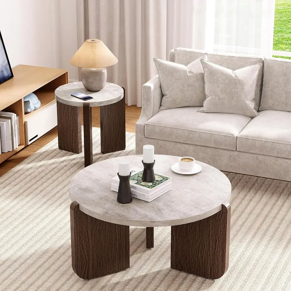 

ern Round Coee Table with Sturdy Base, Wood Center Tables or Living Room Retion Room, aux Marble Tabletop, Easy Assemble