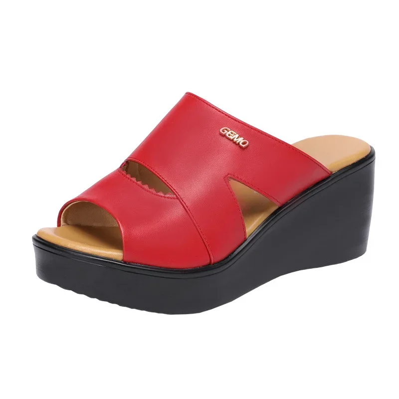 Plus Size 33-43 Casual Outside Medium Heels Platform Wedges Slippers Women Shoes Summer 2024 Beach Office Soft Leather Slides