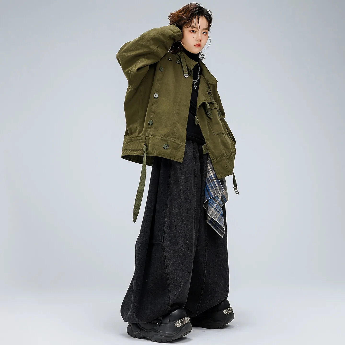 Kid Kpop Hip Hop Clothing Army Green Strap Cargo Jacket Top Black Mock Neck T Shirt for Girl Boy Street Dance Costumes Clothes view 4