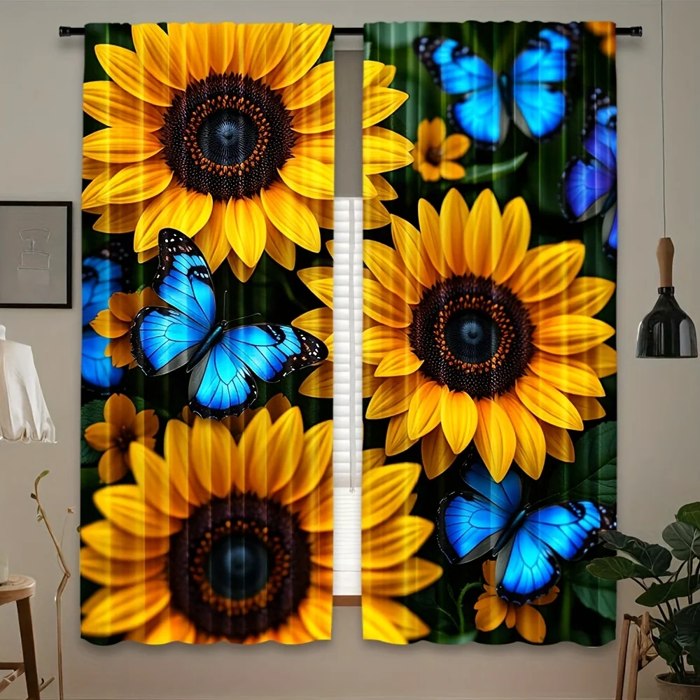 2pcs Artistic Blue & Yellow Butterfly Sunflower Print Curtains - 100% Polyester Light Filtering Semi-Sheer Rod Pocket Design
