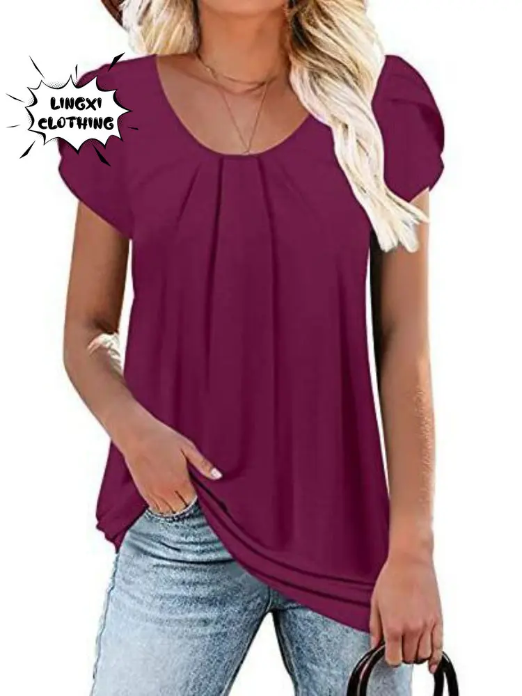 Fashion Woman Blouse 2023 Solid Color Short Sleeved Round Neck Casual Shirt Large Size Casual Elegant Cool Top T-shirts