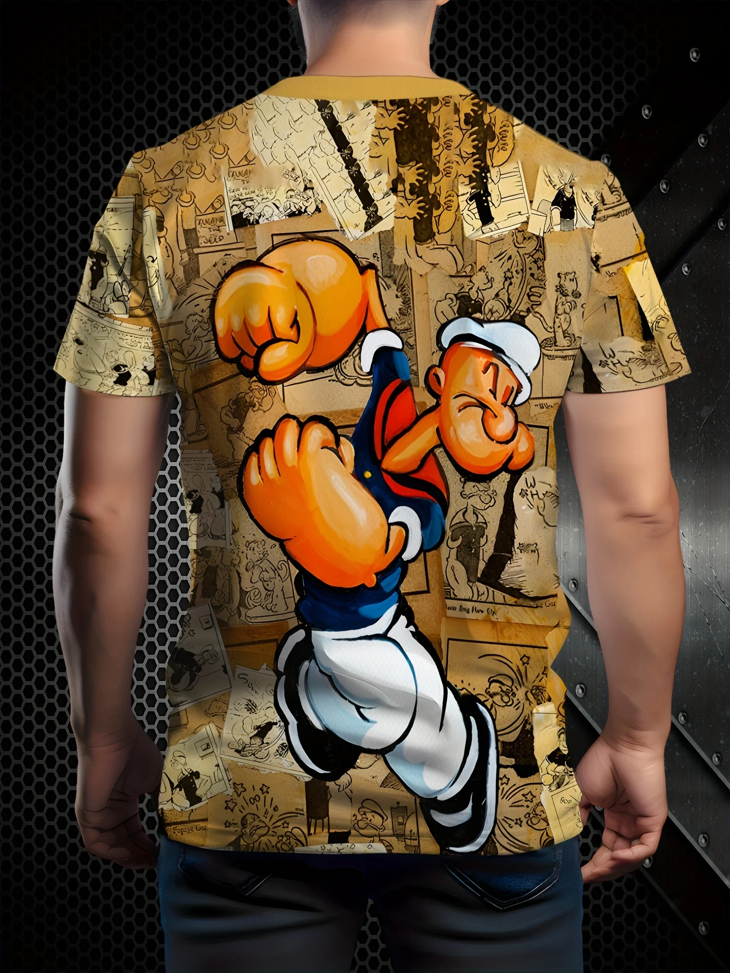 Vintage Popeye Sailor Man Men T‑Shirt, Old Comic Paper Collage Art Graphic Short Sleeve Crew Neck Cartoon Fan Casual Street Top