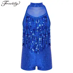 Kids Girls Hip Hop Jazz Dance Costume Latin Ballet Dance Leotard Halter Shiny Sequins Tassel Unitard Stage Performance Dancewear