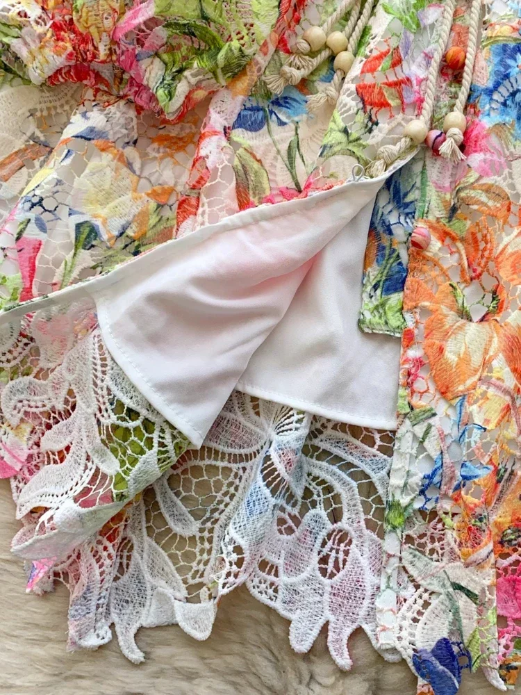 France Elegant Vintage Palace Evening Dress Women Print Hollow Out Lace Short Party Dress Female Casual Chic Festival Clothing