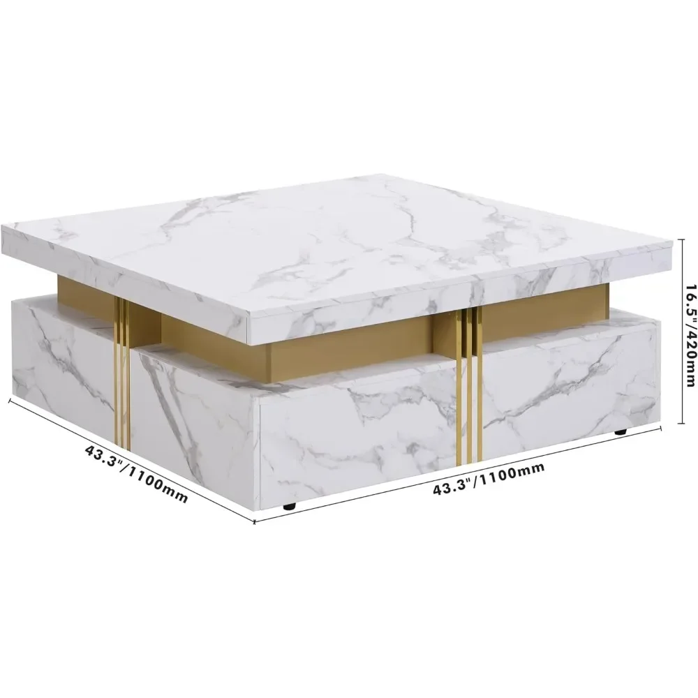 Modern coffee table for living room and office (white), modern square design, marble pattern, storage space, coffee table