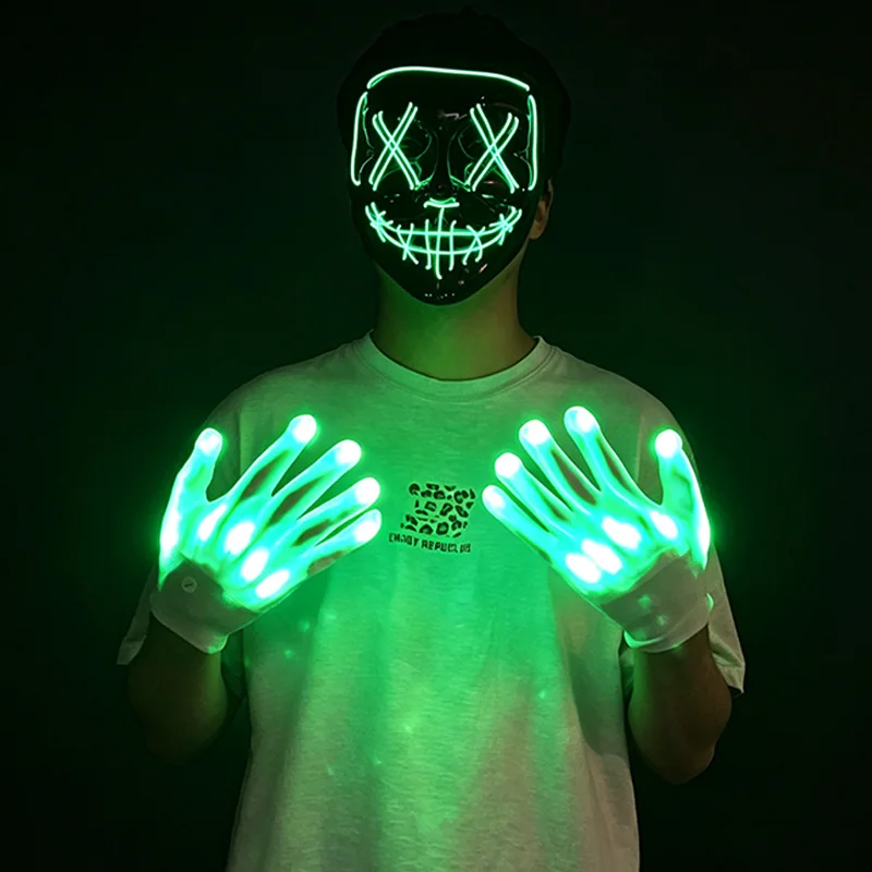 LED Skull Mask Light Up Gloves Set Neon Skeleton Face Mask Luminous Purge Mask and Gloves for Cosplay Halloween Party Mask Props - view 5