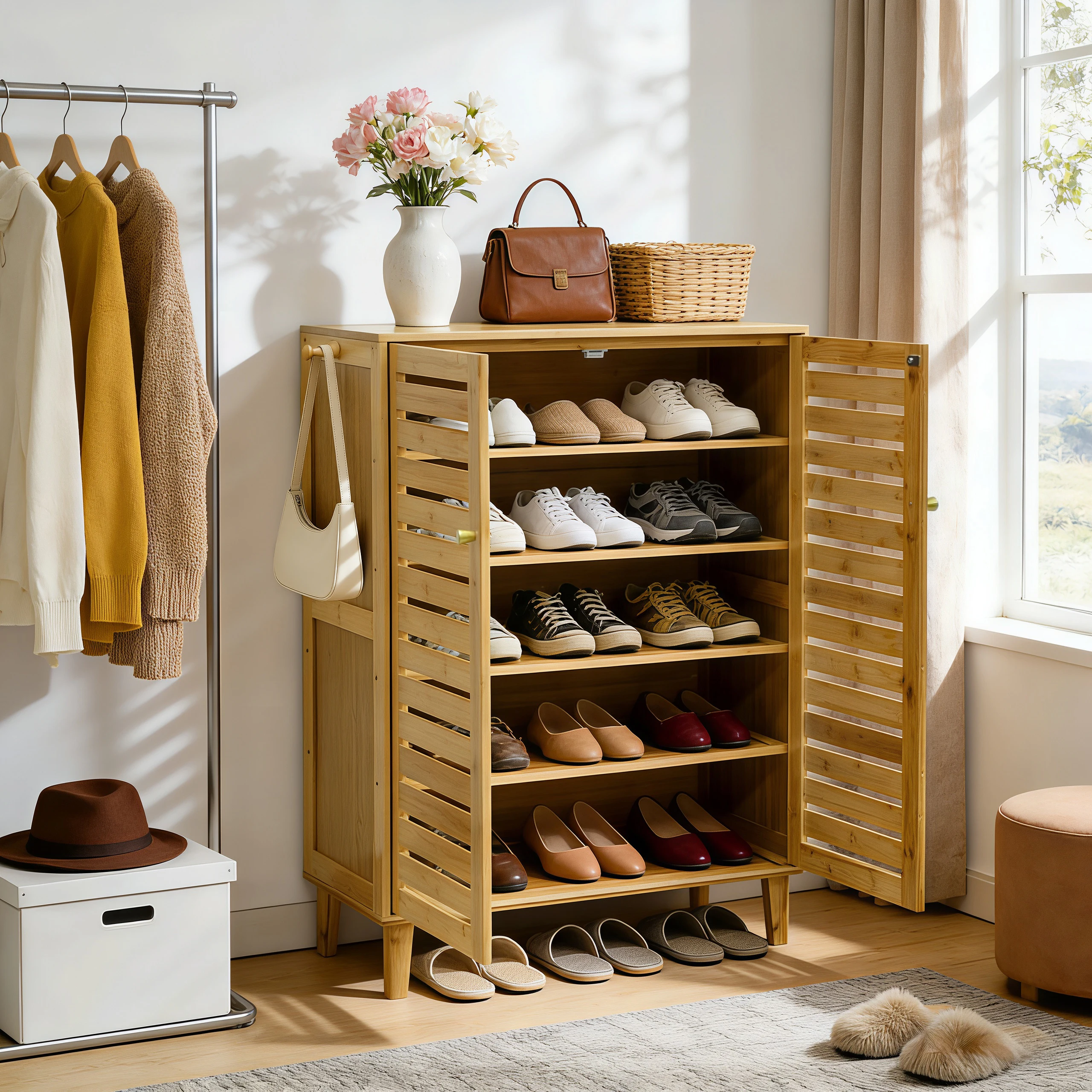 Bamboo Shoe Storage Cabinet with Slatted Doors, 5-Tier Wooden Shoe Organizer Cupboard for Entryway Hallway, Freestanding Large Shoe Rack with Side Hooks & Magnetic Closure