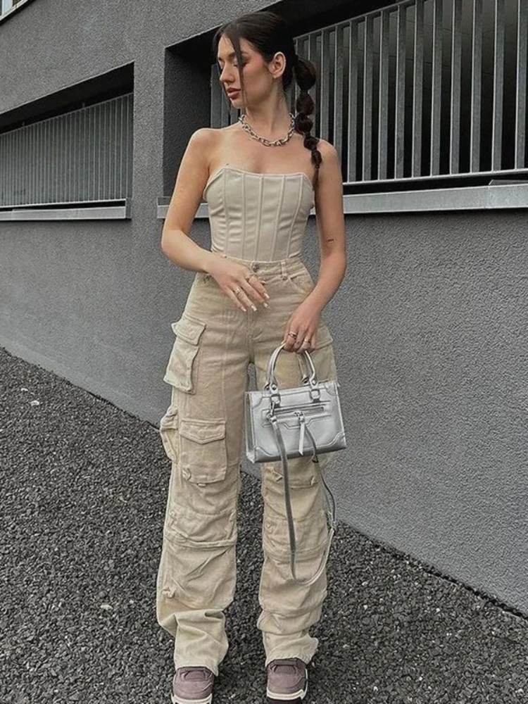 

American Retro Khaki Overalls High Waisted Straight Trouser Women's 2024 Multi Pocket Street Hip-Hop Loose Casual Wide Leg Pants