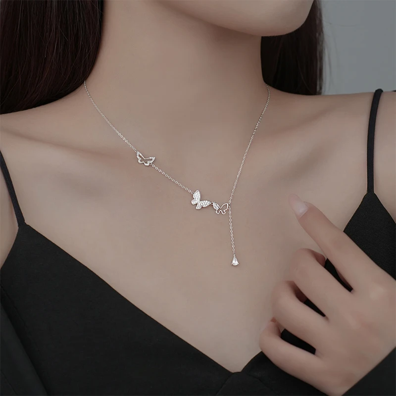 Fashion 925 Sterling Silver Butterfly Tassel Necklace Sparkling Zircon Butterfly Pendant Neckchain Wedding Jewelry Accessories