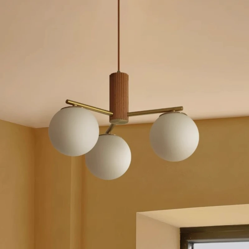 

Japanese Wabi-sabi Wooden Chandelier 3 Heads White Glass Ball Pendant Lights Living Room Study Bedroom Restaurant Hanging Lamps