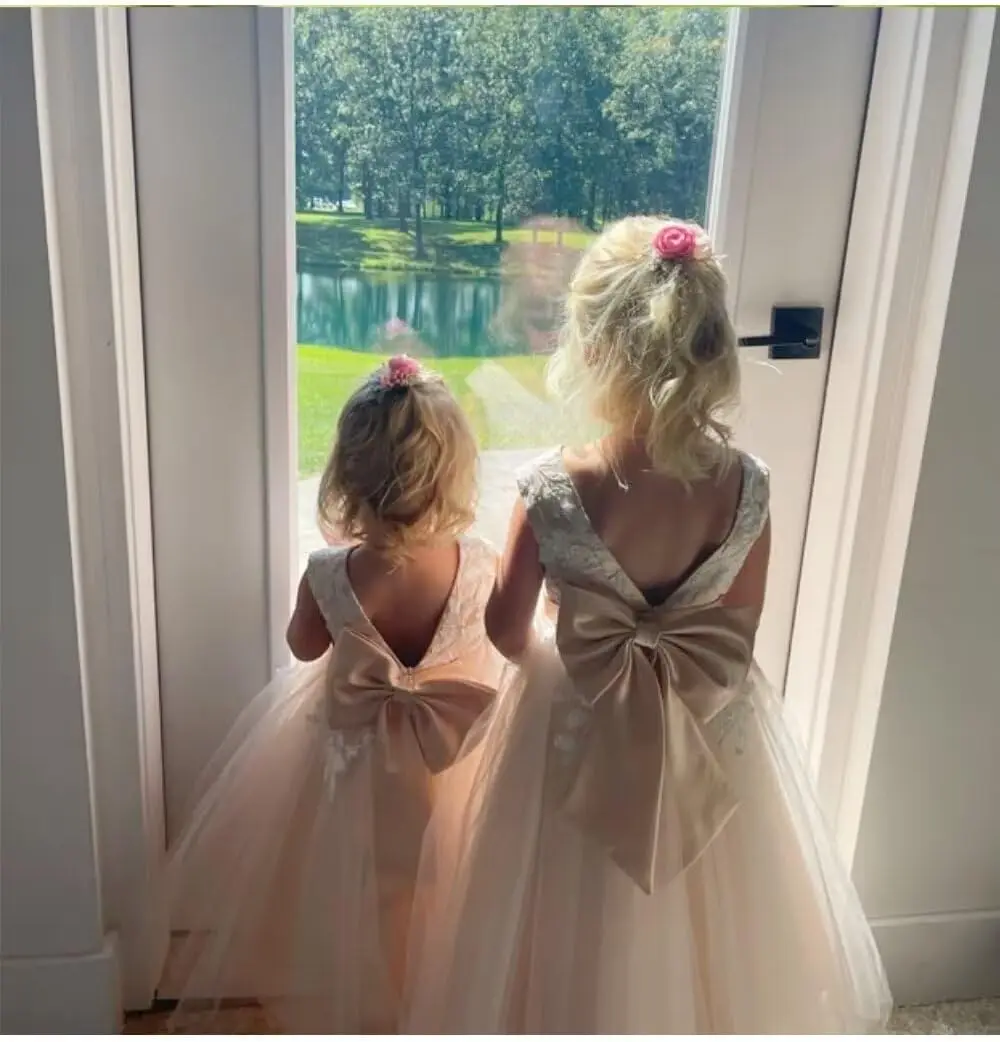 Vestido floral para meninas, casamento, comprimento do chá, renda, apliques, tule, princesa, crianças, aniversário, concurso, festa, com laço