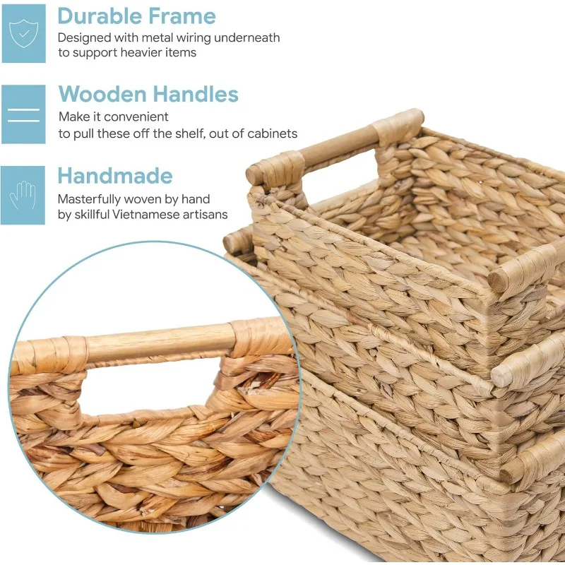 Hyacinth Wicker Basket Set 3 size - Rectangular, Wooden Handles, Shelf Organizer, Natural Bins