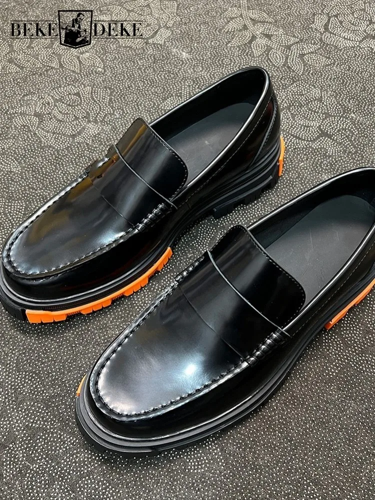 

British Style Genuine Leather Handmade Platform Slip On Male Dress Shoes Solid Color Cowhide Round Toe Height Increase Loafers