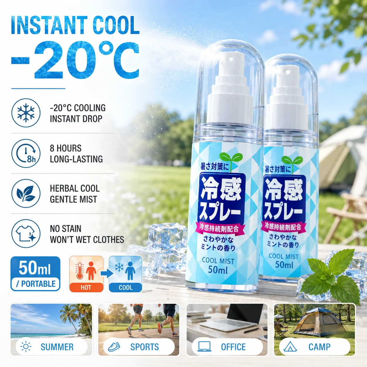 Portable Instant Cooling Spray Physical Cooling No Wet Marks Summer Outdoor Daily Refreshing Anti Heat Gadget for Clothes Hat