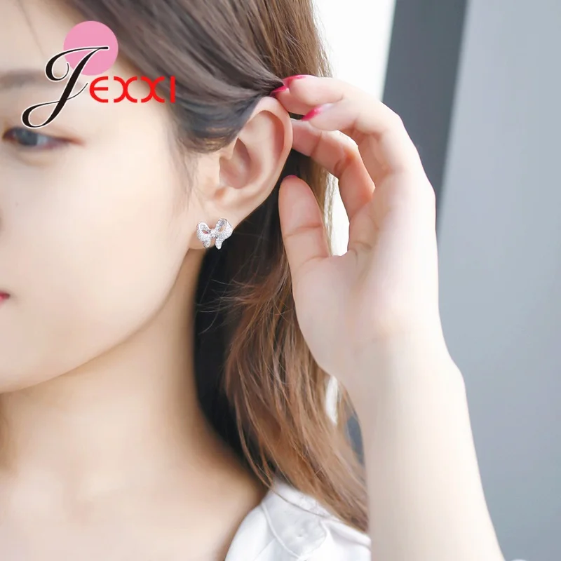 Genuine 925 Sterling Silver Bow Pattern Stud Earrings For Women Girls Wedding Dating Engagement Jewelry Accessory Hot Sale