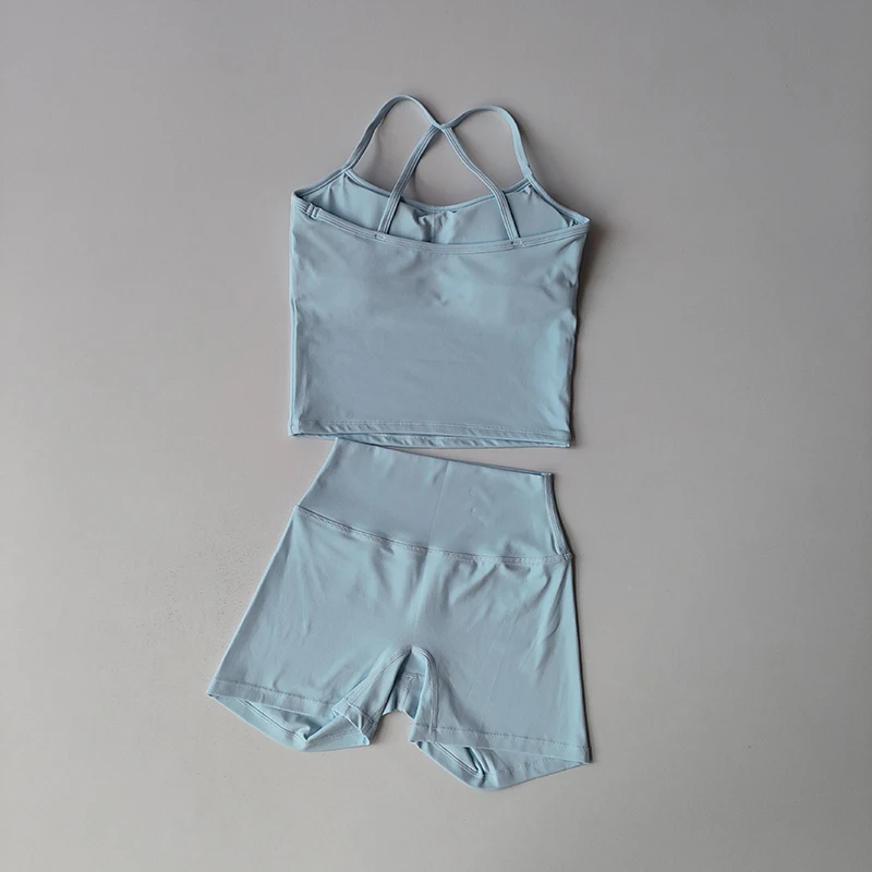 Women's Yoga Exercise Set, Popular Slim Shoulder Yoga Vest Paired With High Waisted, Waist Hugging, Naked Yoga Three Part Shorts image 5