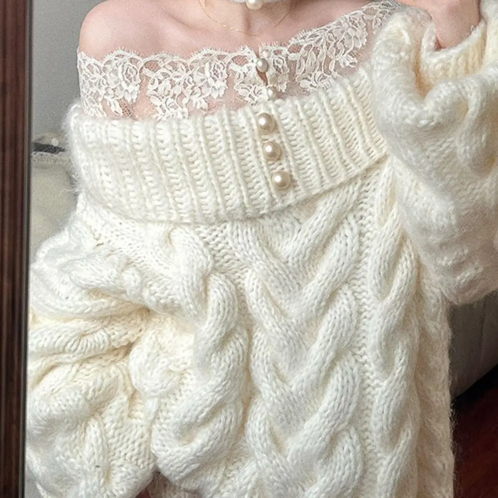 

Lace Long Sleeved Knitwear Bottoming Shirt Pullover Off Shoulder Sweater Top Loose Spring Autumn Winter Knitted Top for Women