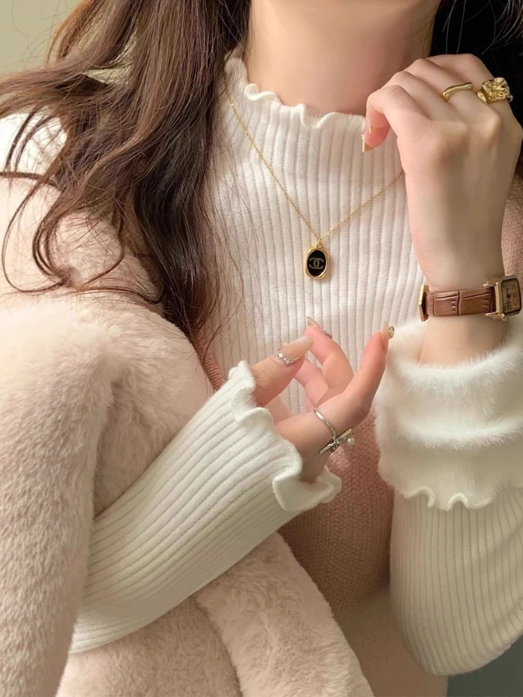 

Осень-зима, женские тонкие свитера с оборками и воротником-стойкой, утепленный флис 2025, теплый термопуловер, кашемировый свитер, повседневные базовые топы