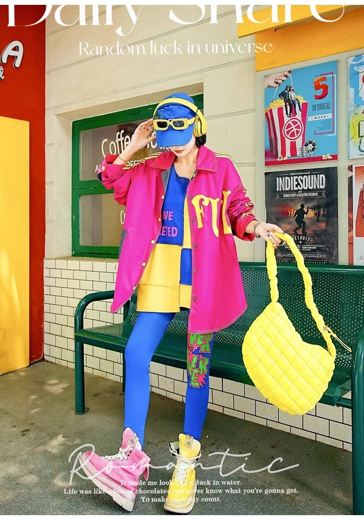 Rose Red Colorful Letter Casual Shirt Women Spring Autumn Blue Contrast Pocket Trendy Loose Sun Protection Jacket Reversible