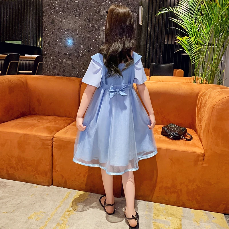 Luxury bow summer girl's dress 2022 new style breathable square neck children's long skirt cheap baby birthday princess dress