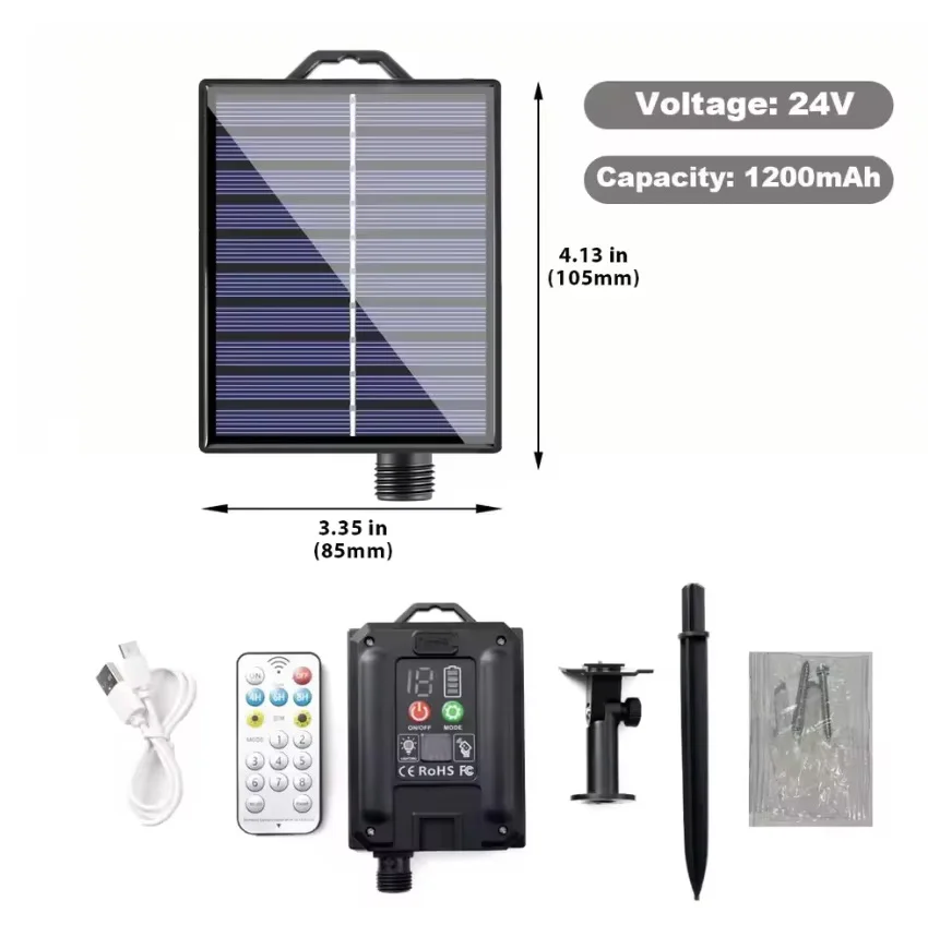 24V Solar String Light Control Kit with Lithium Battery Solar Panel 8 Modes DC Charging Remote Control