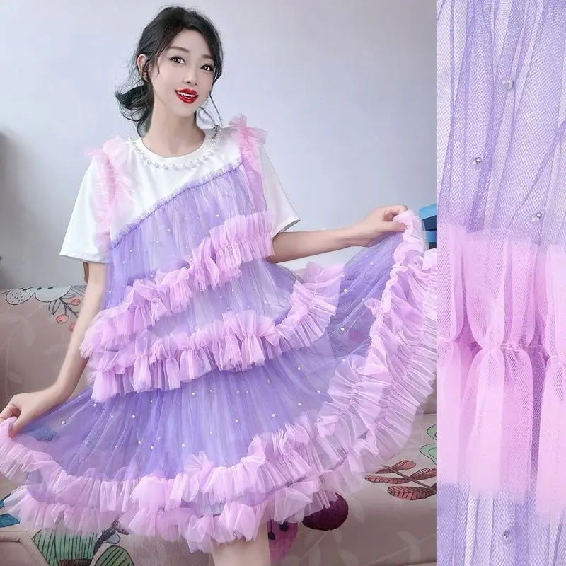 女性ピンクパープルコントラストカラーレーススプライシングフリルエッジ Tシャツメッシュパッチワーク蓮真珠ビーズ Tシャツガーゼプリーツドレス