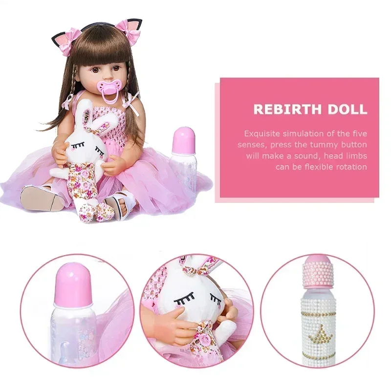 Muñecas con orejas de conejo de 55Cm, niño Reborn, muñeca hermosa de silicona suave rosa para bebé, muñecos de nieve de tacto Real para niñas, regalos, Kit de muñecas Reborn