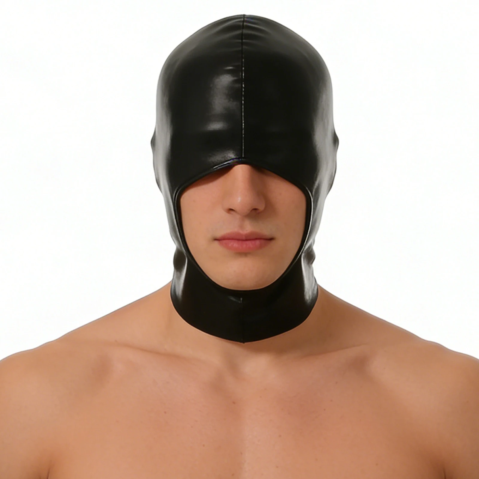 Hood Face Mask Faux Leather Head Cover Sexy Men Blindfold Cap Open Mouth Gothic Club Wear Wet-look Cosplay Halloween Role Play