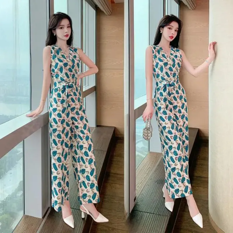 

Women's Chiffon Jumpsuits Strap Trouser Set 2024 Summer New Fashion Print Slim And Draping Wide Leg Body Suits For Women Romper