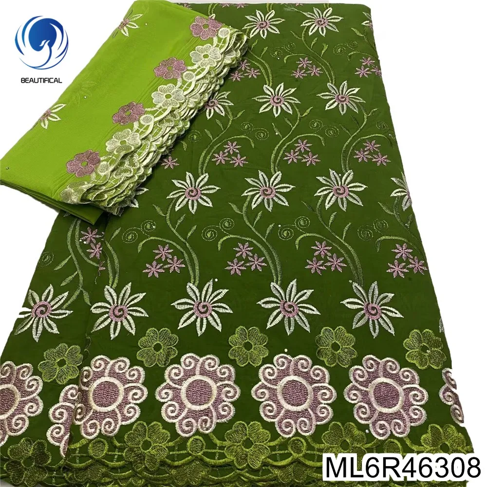 

The Latest Design Africa 100% Cotton Matching Embroidery 2024 Green High Quality Swiss Lace Fabric 5+2 Yards ML6R463