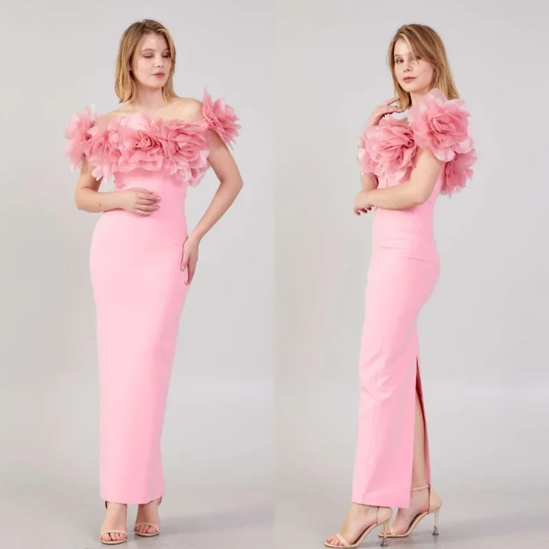 CustomizedHigh Quality Sparkle Exquisite Jersey Flower Ruched Birthday A-line Off-the-shoulder Bespoke Occasion Gown Midi Dresse