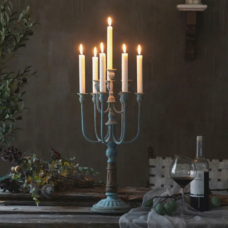 High Grade Handmade Iron Eco-Friendly Heat Resistant Flameless Luxury Candlestick Holder White Blue Christmas Wedding Home