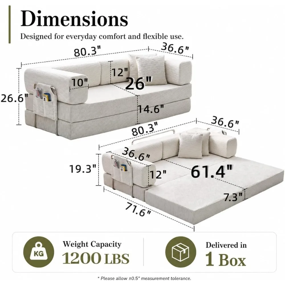Folding Sofa Bed Convertable Corduroy Couch King Size Floor Sleeper 4-in-1 DIY Combination Modular Sofa Fold Out